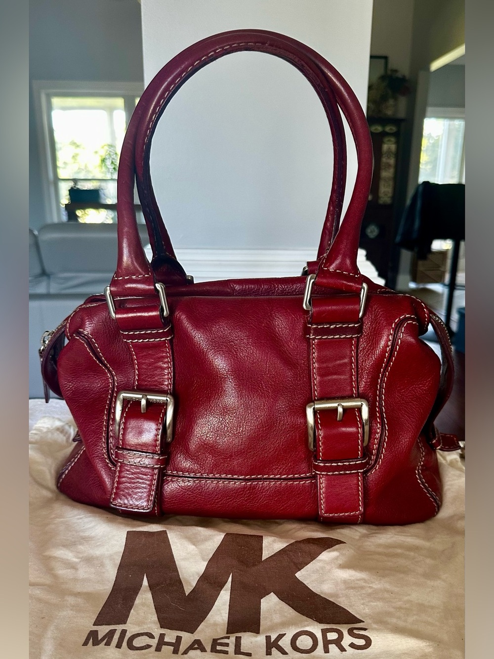 Vintage Michael Kors Burgundy Leather Buckle Satchel Y2K Purse Dust Bag